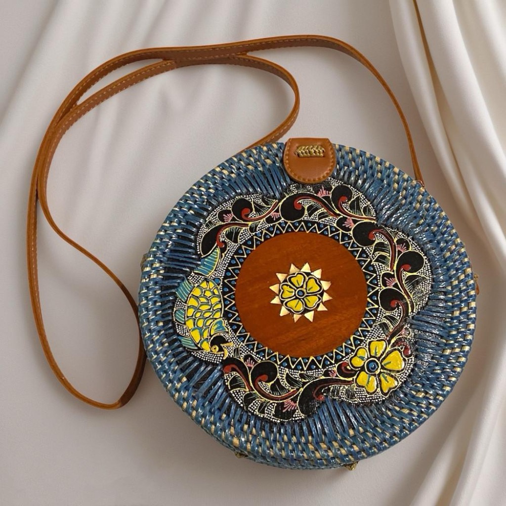 圖騰 圓形 編織 藤編 肩背包 側背包 圓包-細節圖3