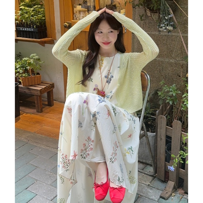 🌸【甜美無袖碎花背心設計感連衣裙+針織披肩開衫】🌸-細節圖2