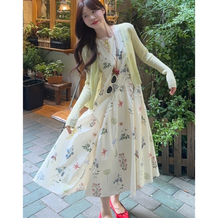 🌸【甜美無袖碎花背心設計感連衣裙+針織披肩開衫】🌸-細節圖3