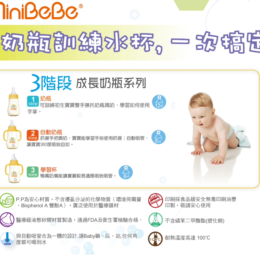 【MiniBeBe】訓練水杯奶瓶150ml 贈自動吸管+矽膠果汁奶嘴-細節圖2