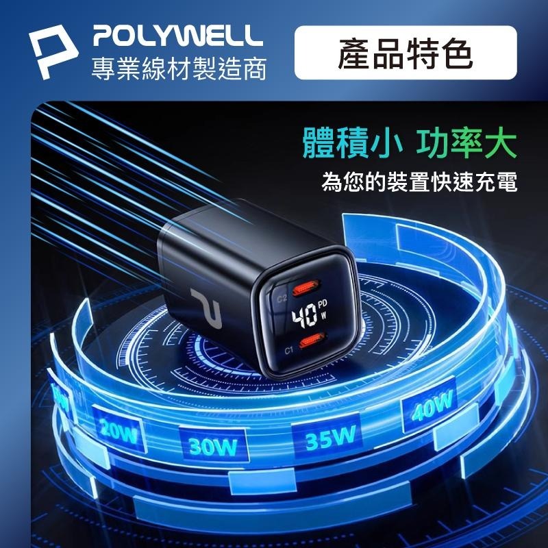 現貨優惠『40W雙孔PD快充頭 雙Type-C 數位顯示』GaN氮化鎵 體積小 IOS快充 寶利威爾【小知足賣場】-細節圖4