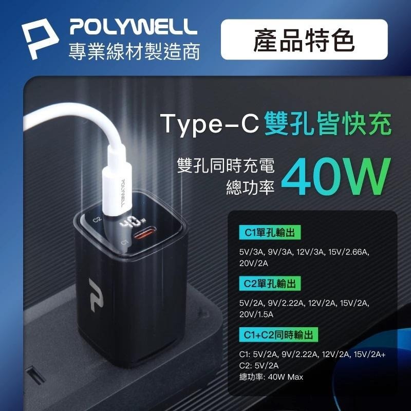 現貨優惠『40W雙孔PD快充頭 雙Type-C 數位顯示』GaN氮化鎵 體積小 IOS快充 寶利威爾【小知足賣場】-細節圖5