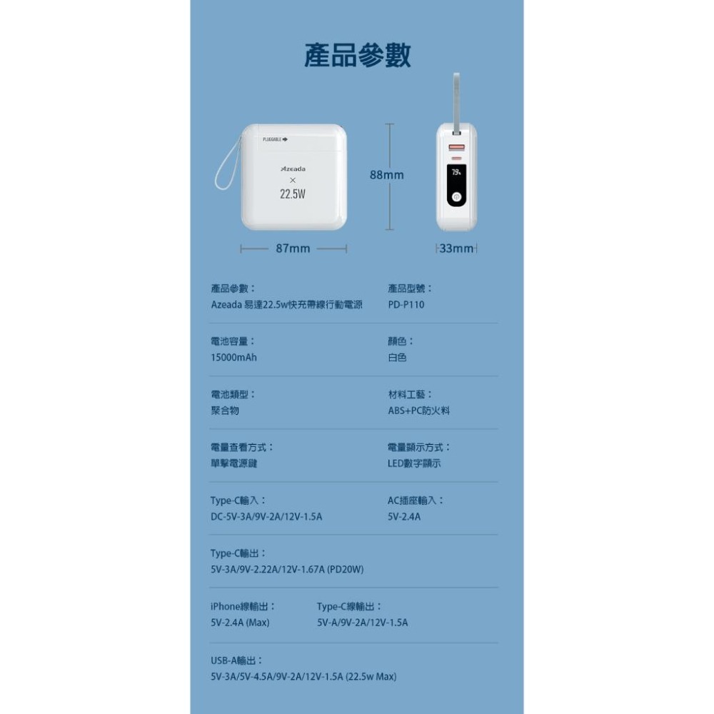 現貨 Azeada 無界王者 22.5W快充 AC行動電源15000mAh PD-P110【小知足賣場】-細節圖3