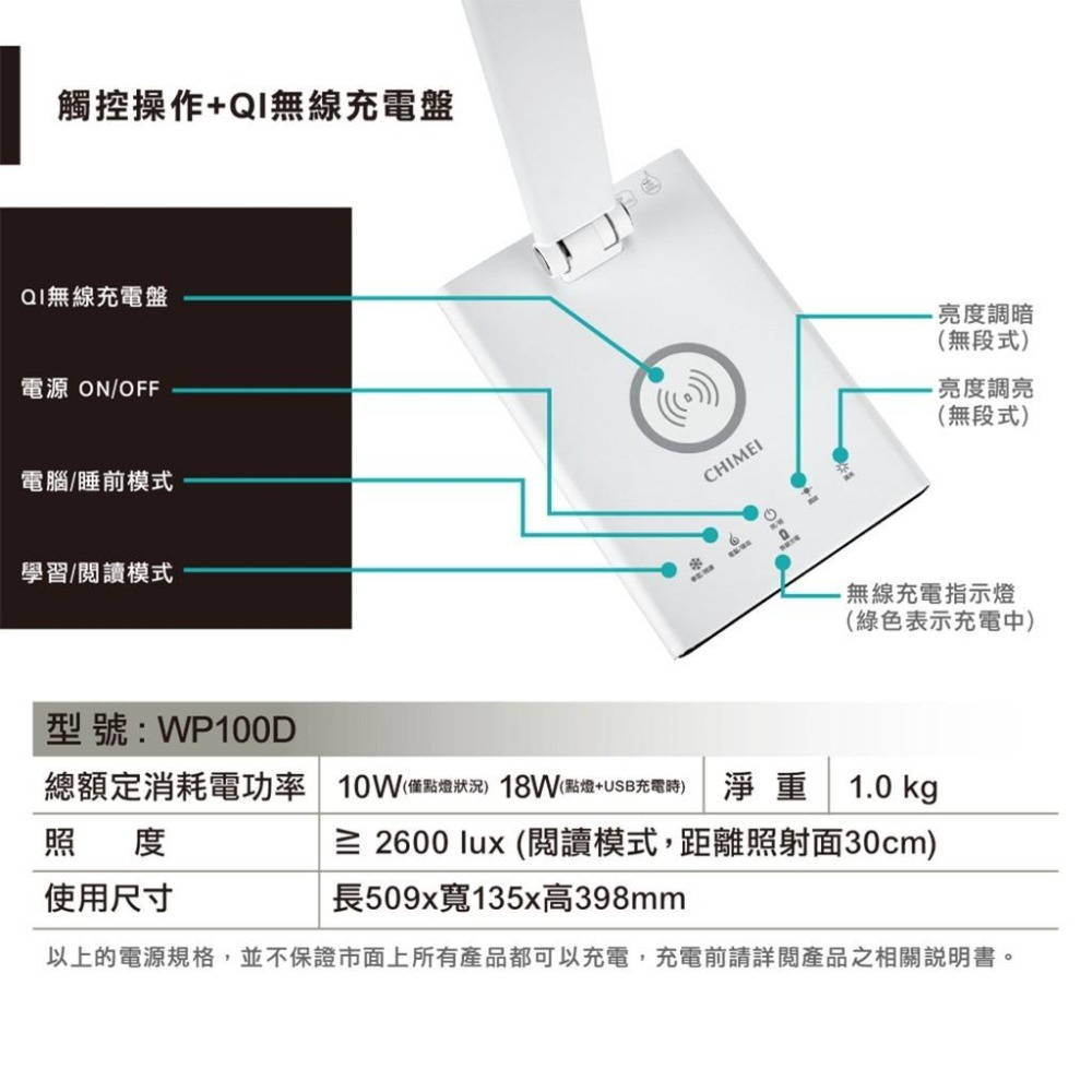 優惠現貨【小知足賣場】CHIMEI 奇美 時尚LED QI無線充電護眼檯燈 LT-WP100D-細節圖6