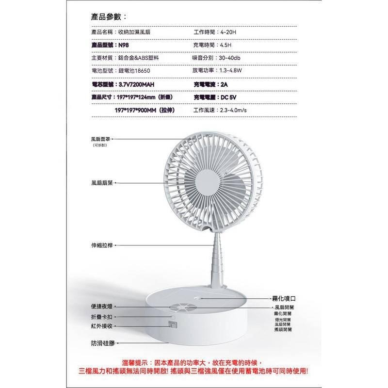 N98遙控搖頭折疊風扇   USB充電風扇折疊風扇 桌面扇 落地扇 搖頭風扇 小風扇 小夜燈 加濕-細節圖9