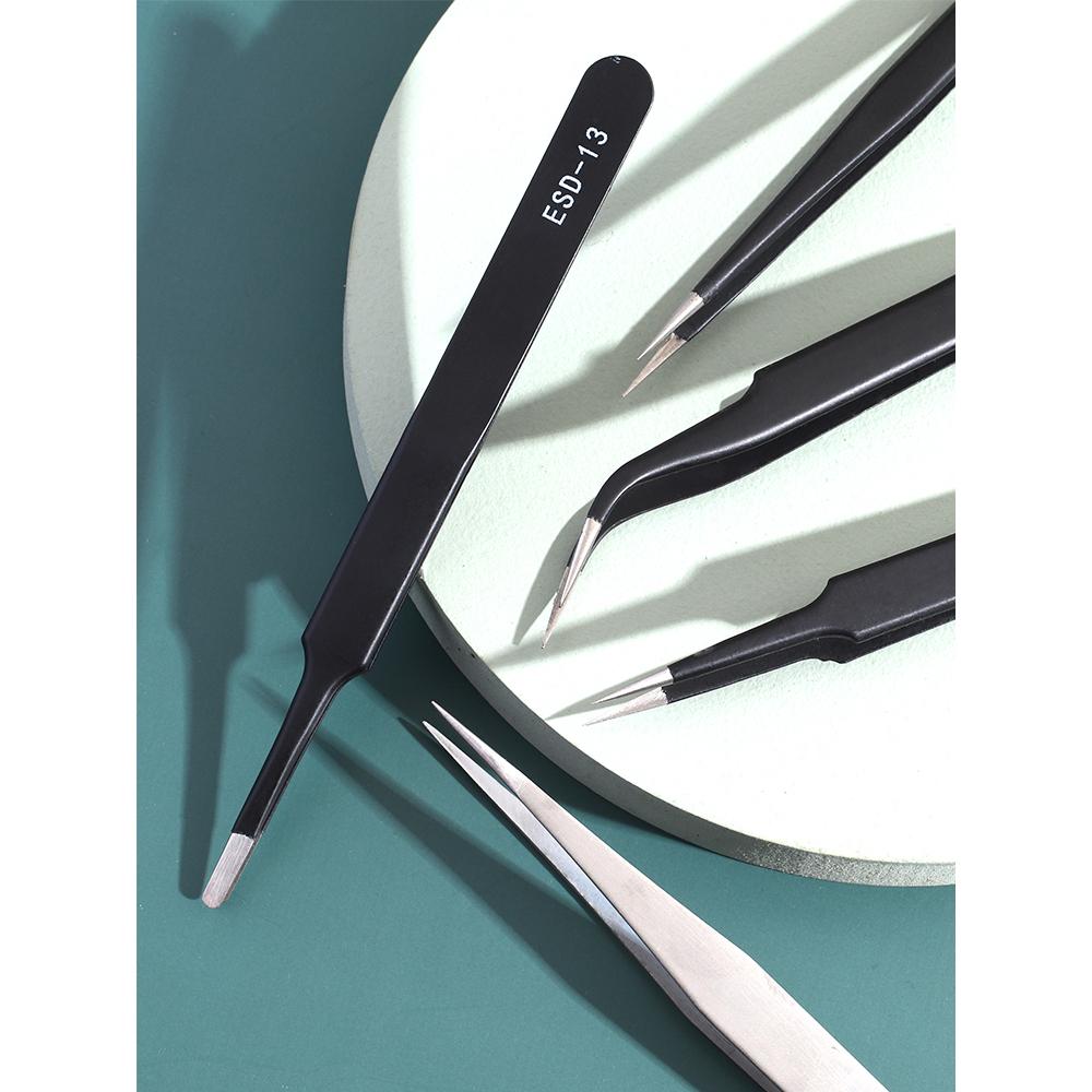 不鏽鋼防靜電鑷子 夾子 精密維修電子裝置 防靜電鑷子 絕緣夾 平頭 圓頭 尖頭 維修必備 黑色夾子-細節圖7