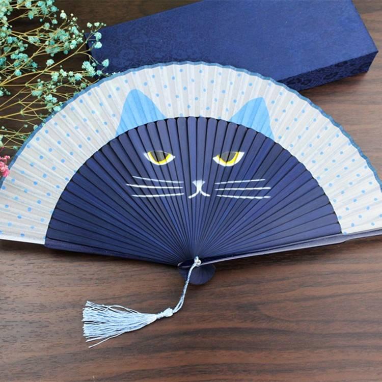 貓咪扇子 真絲折扇 日式工藝扇 卡通女士折扇-細節圖3