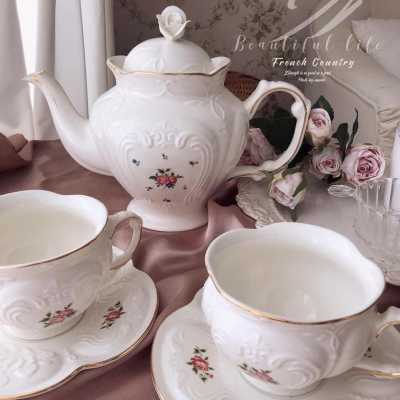 巴洛克小碎花描金白瓷壺組 茶壺杯盤組 英式 復古 歐式 法式 陶瓷咖啡杯碟下午茶壺ins