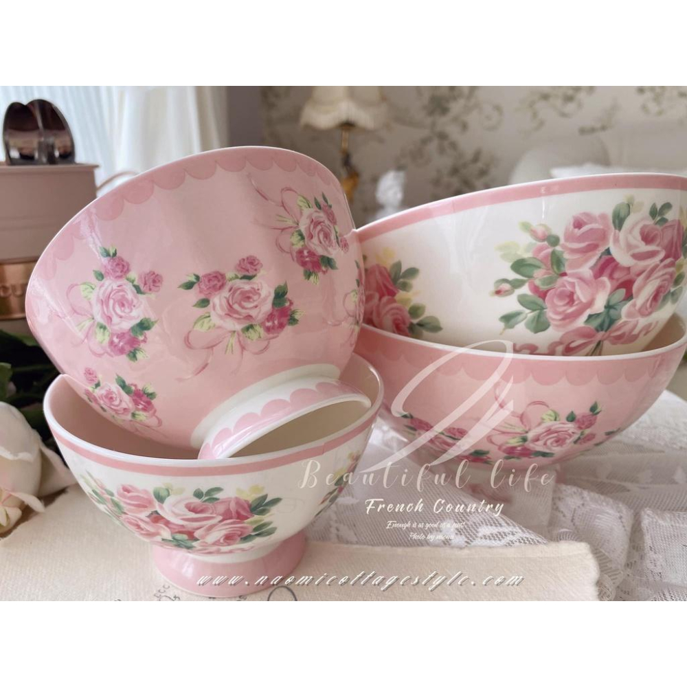🎀《現貨》玫瑰瓷碗，復古玫瑰蝴蝶結大碗與小飯碗組 飯碗 餐具 小碗 吃飯碗 麵碗 湯碗 碗公 沙拉碗-細節圖2