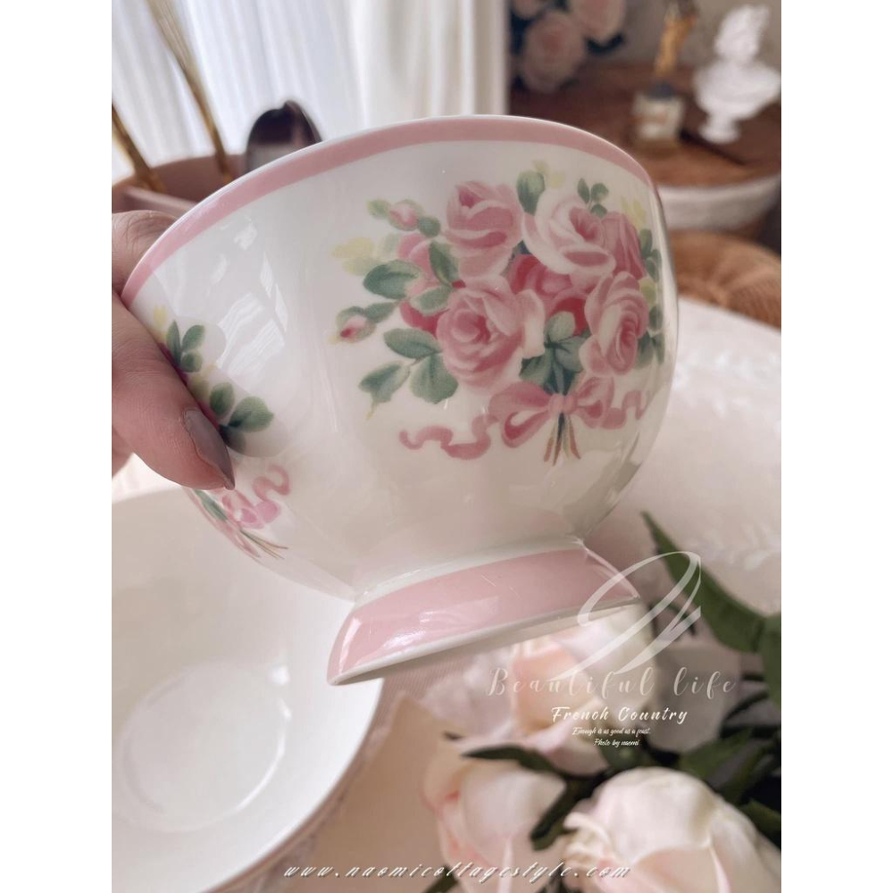 🎀《現貨》玫瑰瓷碗，復古玫瑰蝴蝶結大碗與小飯碗組 飯碗 餐具 小碗 吃飯碗 麵碗 湯碗 碗公 沙拉碗-細節圖4