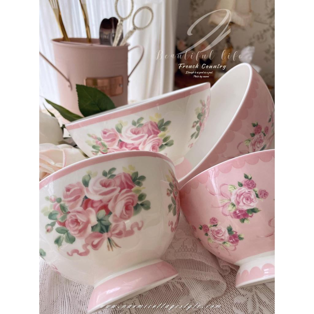 🎀《現貨》玫瑰瓷碗，復古玫瑰蝴蝶結大碗與小飯碗組 飯碗 餐具 小碗 吃飯碗 麵碗 湯碗 碗公 沙拉碗-細節圖5
