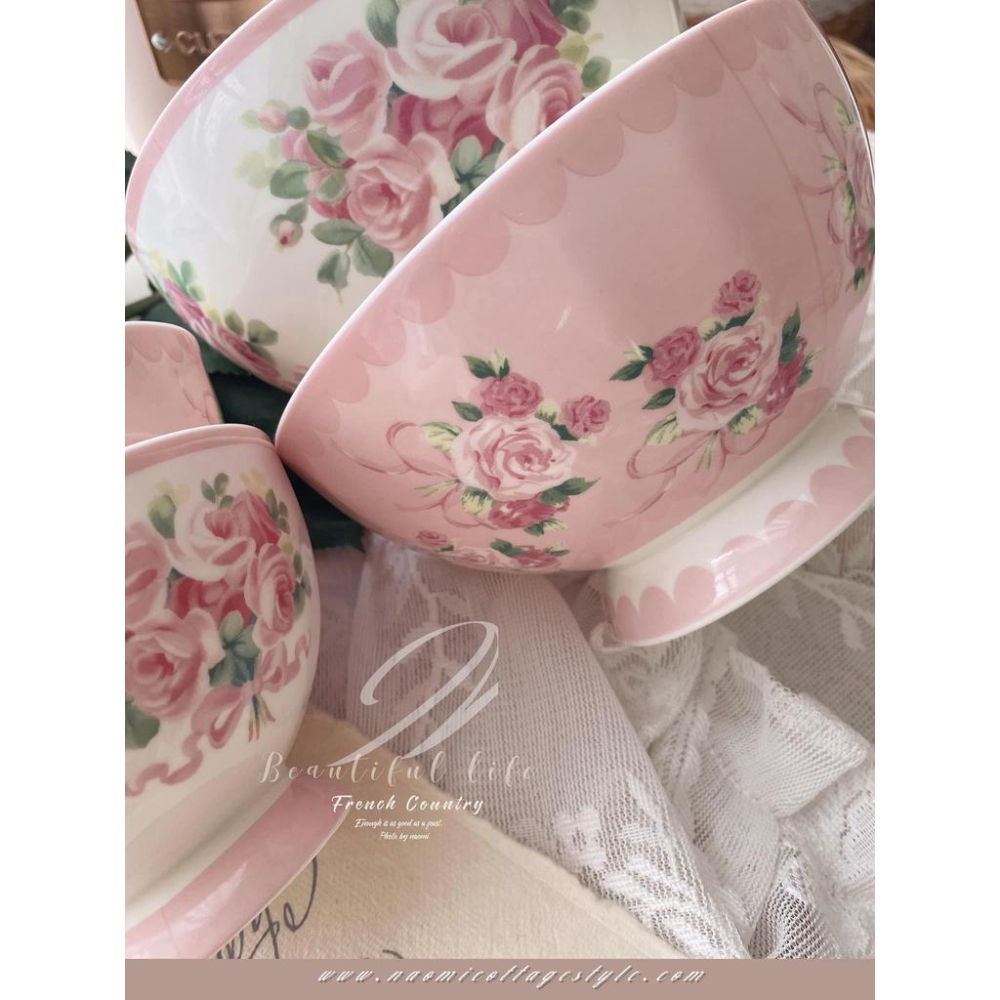 🎀《現貨》玫瑰瓷碗，復古玫瑰蝴蝶結大碗與小飯碗組 飯碗 餐具 小碗 吃飯碗 麵碗 湯碗 碗公 沙拉碗-細節圖6