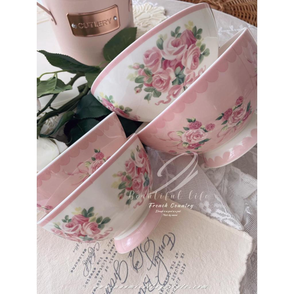 🎀《現貨》玫瑰瓷碗，復古玫瑰蝴蝶結大碗與小飯碗組 飯碗 餐具 小碗 吃飯碗 麵碗 湯碗 碗公 沙拉碗-細節圖7