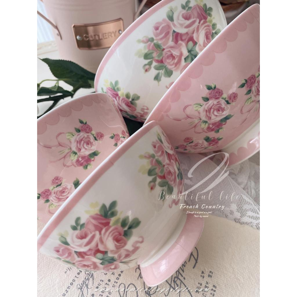 🎀《現貨》玫瑰瓷碗，復古玫瑰蝴蝶結大碗與小飯碗組 飯碗 餐具 小碗 吃飯碗 麵碗 湯碗 碗公 沙拉碗-細節圖9