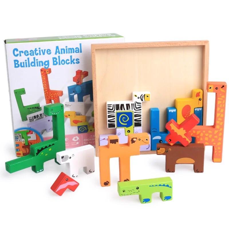 動物創意積木拼圖  兒童早教益智3D創意動物立體積木拼圖玩具$ 木質木頭拼圖玩具益智俄羅斯方塊疊疊樂親子遊戲-細節圖2
