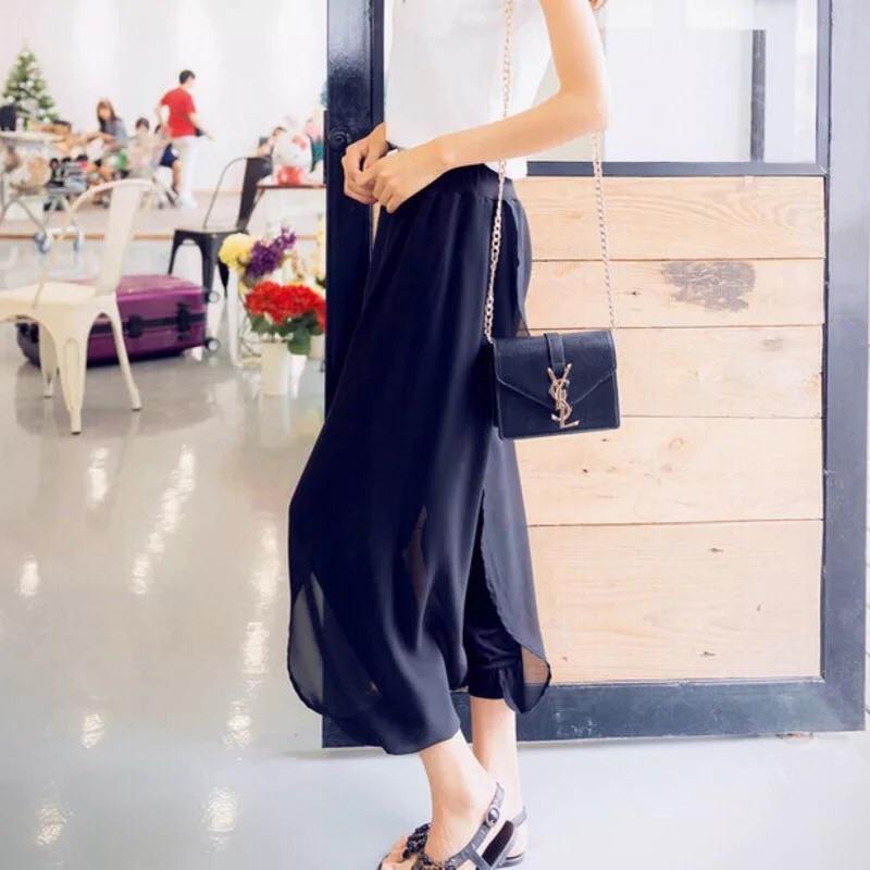 超韓版 飄逸雪紡哈倫褲 寬鬆小腳大碼褲裙 顯瘦九分褲 雪紡開叉拼接燈籠褲 休閒褲 棉褲-細節圖3