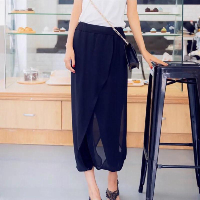 超韓版 飄逸雪紡哈倫褲 寬鬆小腳大碼褲裙 顯瘦九分褲 雪紡開叉拼接燈籠褲 休閒褲 棉褲-細節圖4