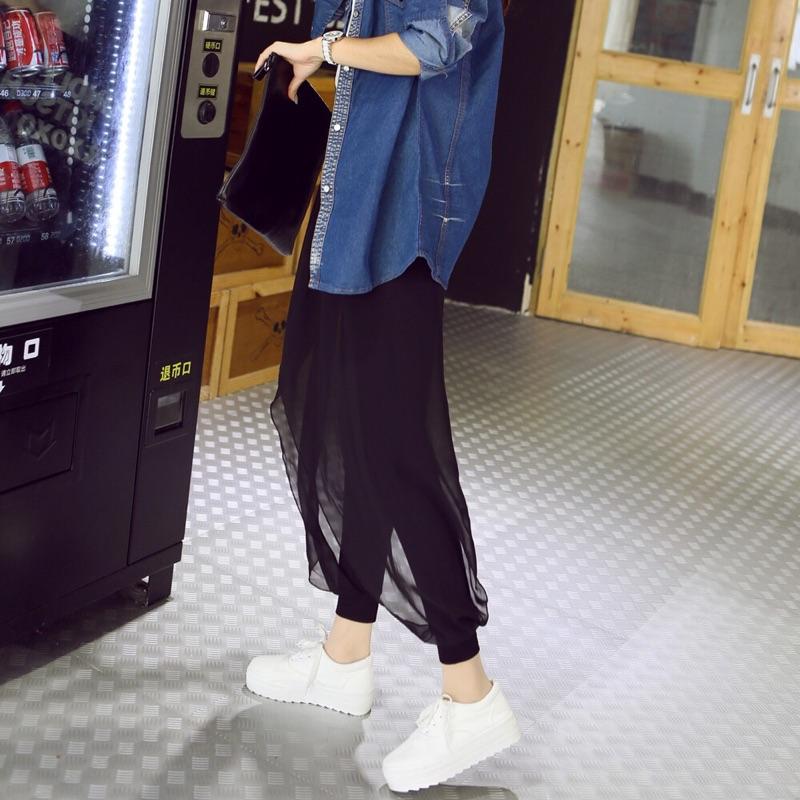 超韓版 飄逸雪紡哈倫褲 寬鬆小腳大碼褲裙 顯瘦九分褲 雪紡開叉拼接燈籠褲 休閒褲 棉褲-細節圖5