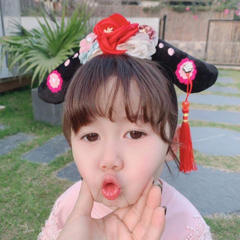 中國風花朵流蘇格格旗頭帽旗人兒童髮箍唐裝頭箍藝術拍照髮飾 $99  貴妃髮飾中國風寶寶髮飾格格髮飾搭配旗袍-細節圖3