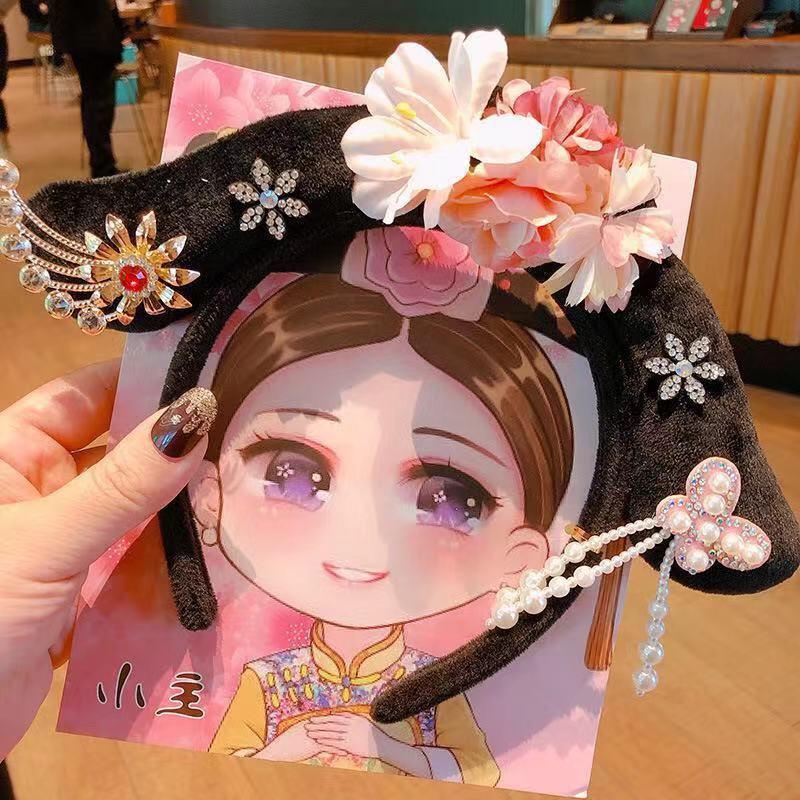 中國風花朵流蘇格格旗頭帽旗人兒童髮箍唐裝頭箍藝術拍照髮飾 $99  貴妃髮飾中國風寶寶髮飾格格髮飾搭配旗袍-細節圖8