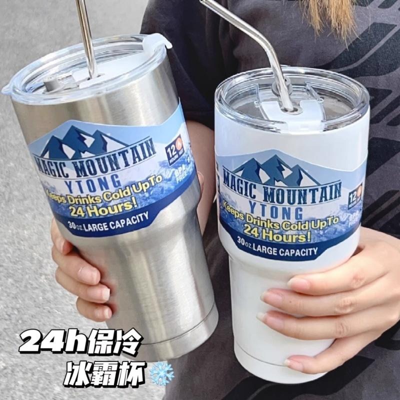 🔴台灣現貨+發票 冰霸杯 大容量900ml 雙飲304不銹鋼冰霸杯 不鏽鋼保溫杯 保溫瓶 飲料杯 隨行杯 保溫杯 環保杯-細節圖2