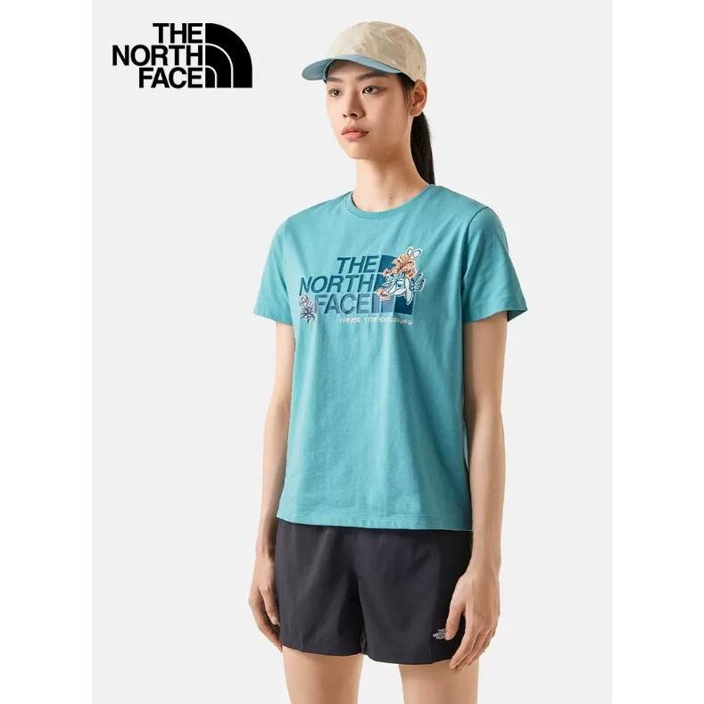 -滿3000免運-[雙和專賣店] THE NORTH FACE 女混紡LOGO花卉印花短袖快乾T恤/7WFH/水藍-細節圖3