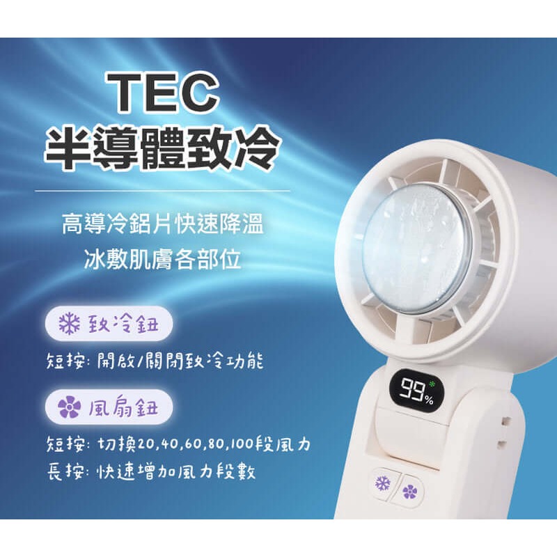 POLYWELL 折疊式風扇 數顯冰敷風扇 100段風速 Type-C充電 附掛繩 冷敷降溫 風扇 手持風扇-細節圖2