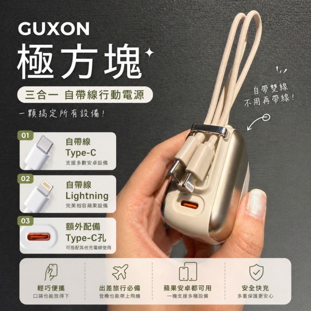 GUXON 古尚 有Wh標示 極方塊 雙線行動電源 半固態 快充 行動電源 TypeC 自帶線 行充 行動充 GX02-細節圖4
