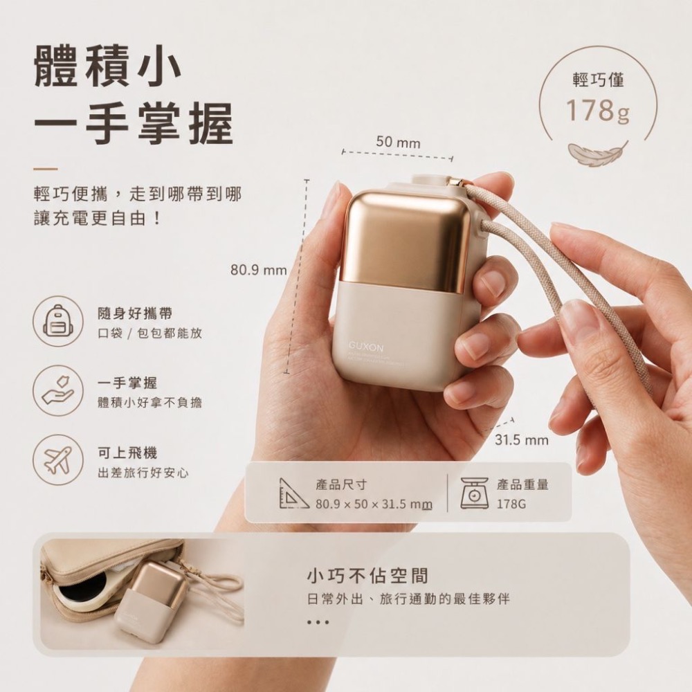 GUXON 古尚 有Wh標示 極方塊 雙線行動電源 半固態 快充 行動電源 TypeC 自帶線 行充 行動充 GX02-細節圖5