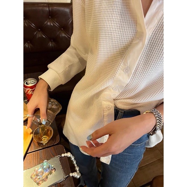 現貨 實拍LOVE MOM華夫格肌理感隨性排釦開襟上衣啾咪史派克黑妞私藏-細節圖7