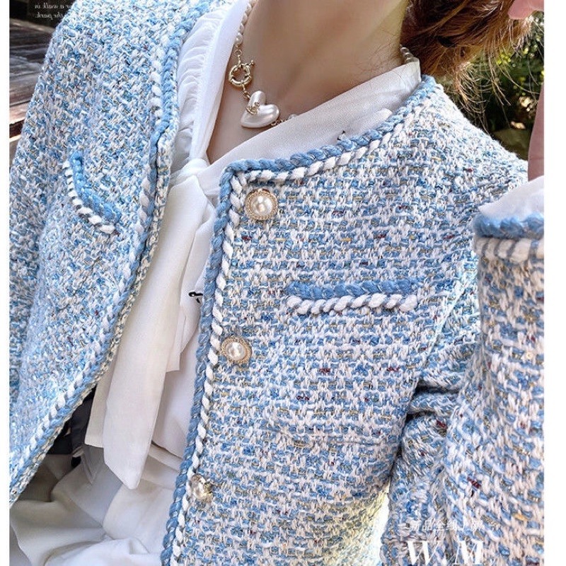 美炸了！新款女短款粉色藍色小香風外套女春秋小個子熊寶寶外套 小香風粗花呢外套-細節圖2