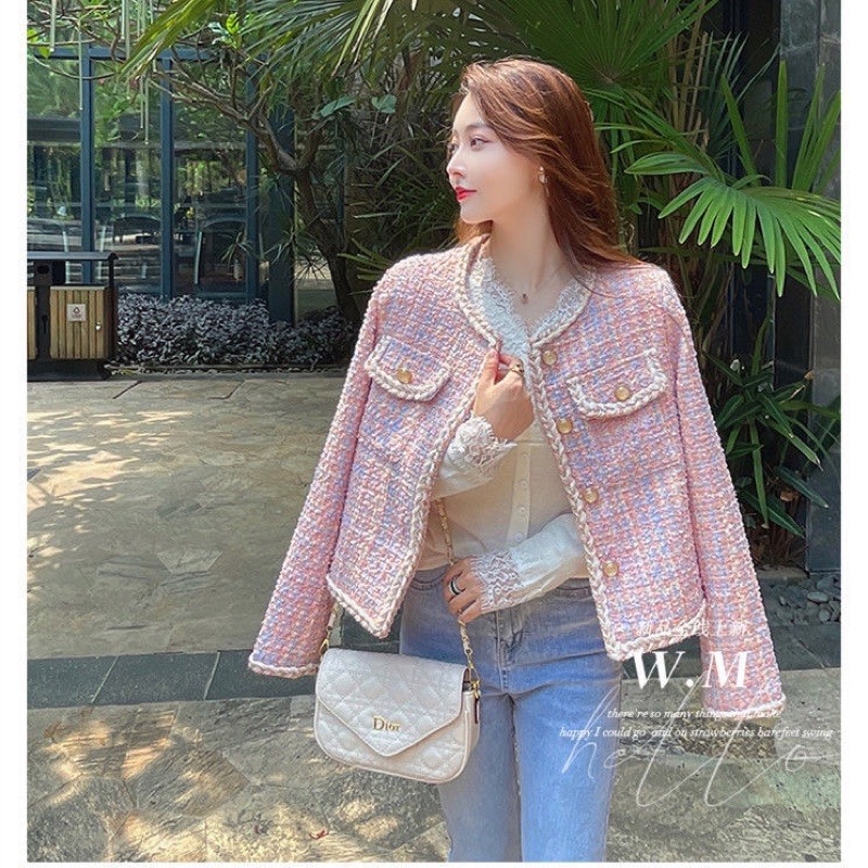 美炸了！新款女短款粉色藍色小香風外套女春秋小個子熊寶寶外套 小香風粗花呢外套-細節圖3