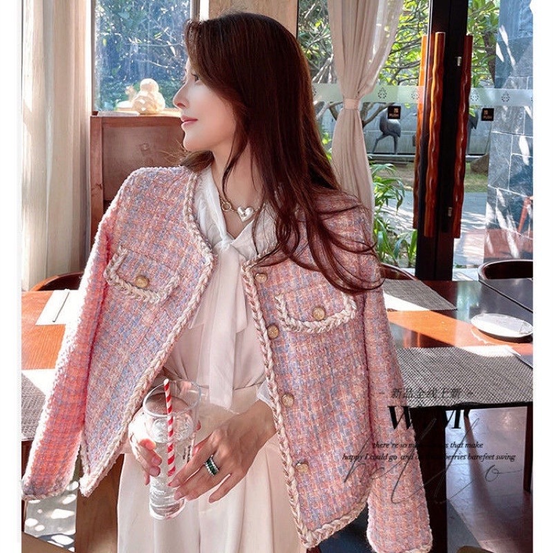 美炸了！新款女短款粉色藍色小香風外套女春秋小個子熊寶寶外套 小香風粗花呢外套-細節圖4