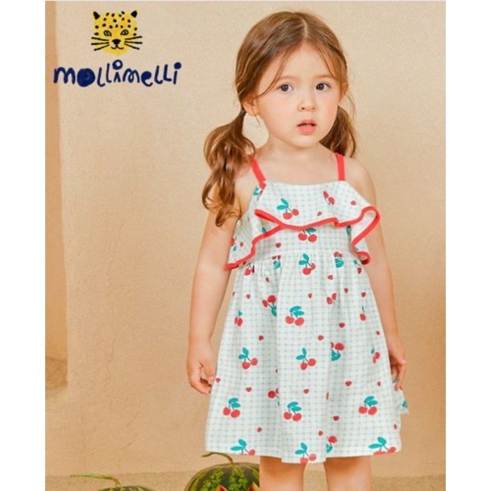 【正韓MOLLIMELLI】櫻桃格紋吊帶洋裝｜女童夏季洋裝｜夏季薄款｜可愛俏皮洋裝-細節圖2