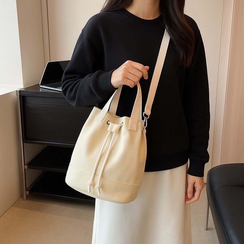 帆布水桶包 水桶包 小水桶包 斜背水桶包 小 水桶包韓國 手提斜背包 休閒包 帆布包韓國 通勤包 斜女背包抽繩水桶包禮品-細節圖7