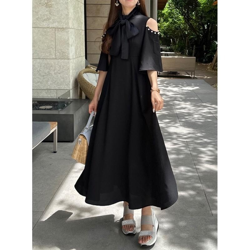 ［現貨在台］日本服飾 GRL 洋裝 連身裙 蝴蝶結領結 藍灰色-細節圖5