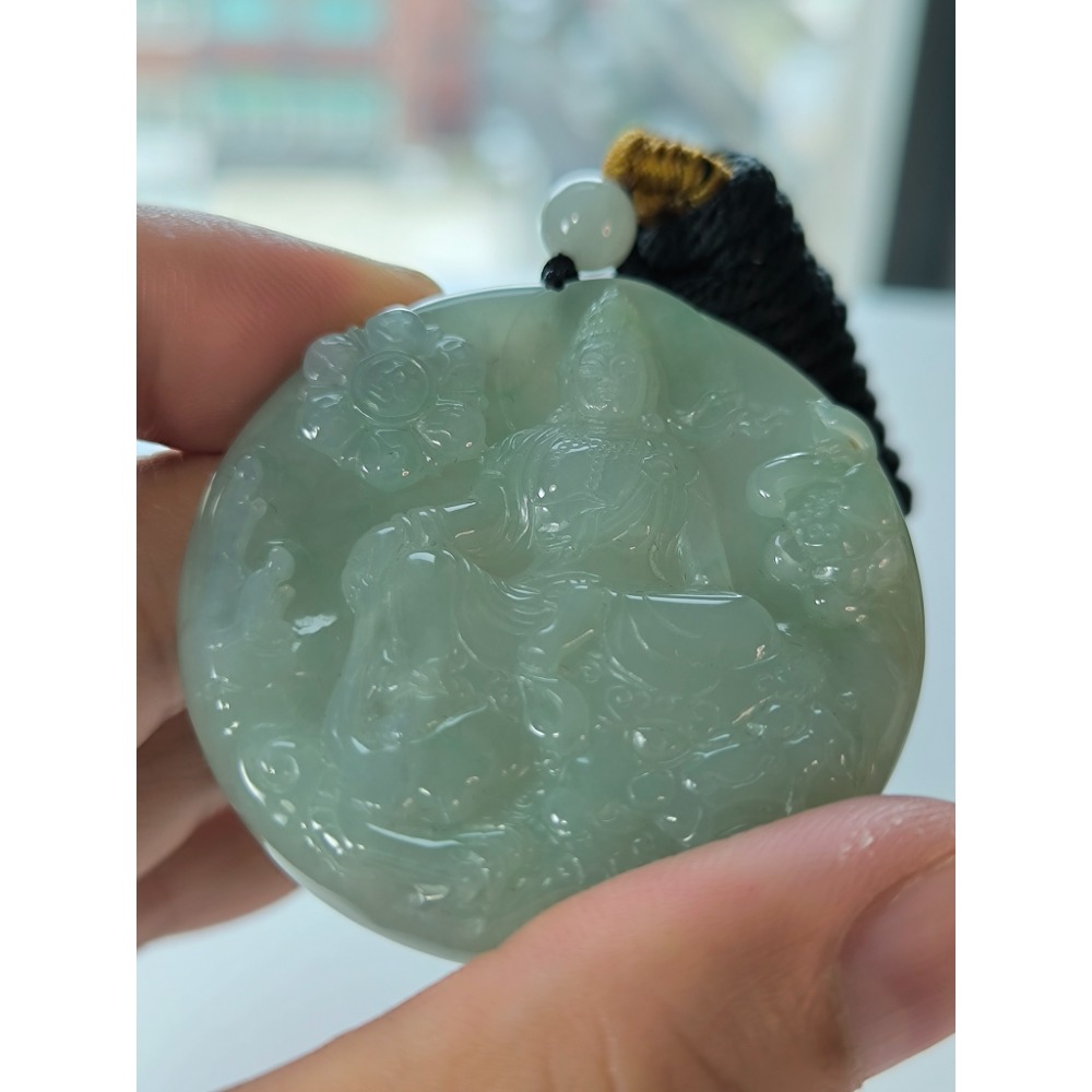 天然緬甸A貨翡翠 糯冰芙蓉 鐲心料 自在觀音 求佛問道 附證書-細節圖3