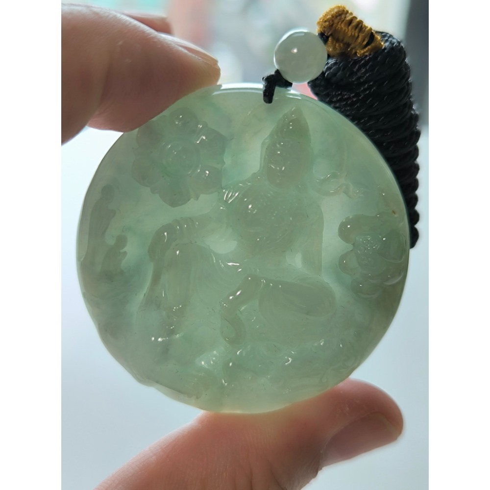 天然緬甸A貨翡翠 糯冰芙蓉 鐲心料 自在觀音 求佛問道 附證書-細節圖8