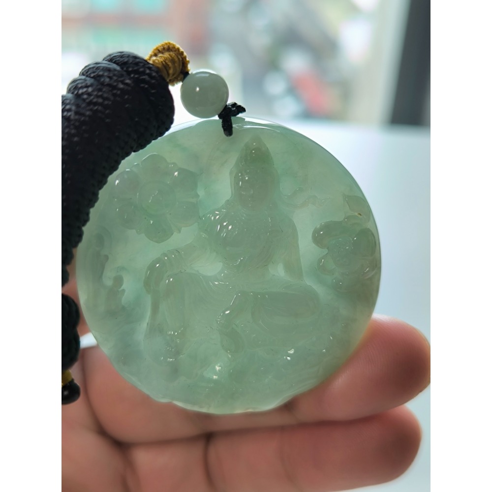 天然緬甸A貨翡翠 糯冰芙蓉 鐲心料 自在觀音 求佛問道 附證書-細節圖9