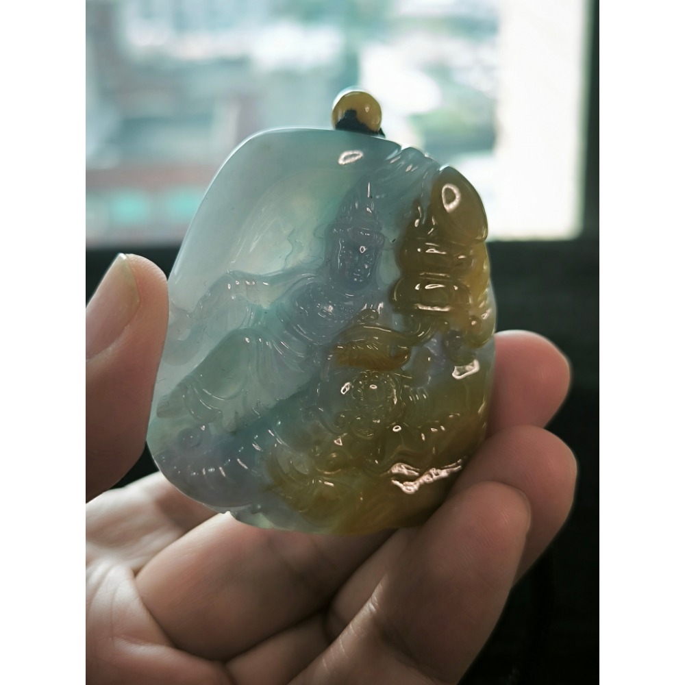 【書中自有顏如玉】天然緬甸A貨翡翠 糯冰 多彩雞油黃 濃紫  普賢菩薩 種老肉細 大件厚裝 厚件大裝 附大師證-細節圖3