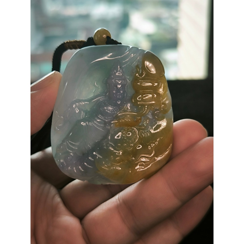 【書中自有顏如玉】天然緬甸A貨翡翠 糯冰 多彩雞油黃 濃紫  普賢菩薩 種老肉細 大件厚裝 厚件大裝 附大師證-細節圖5