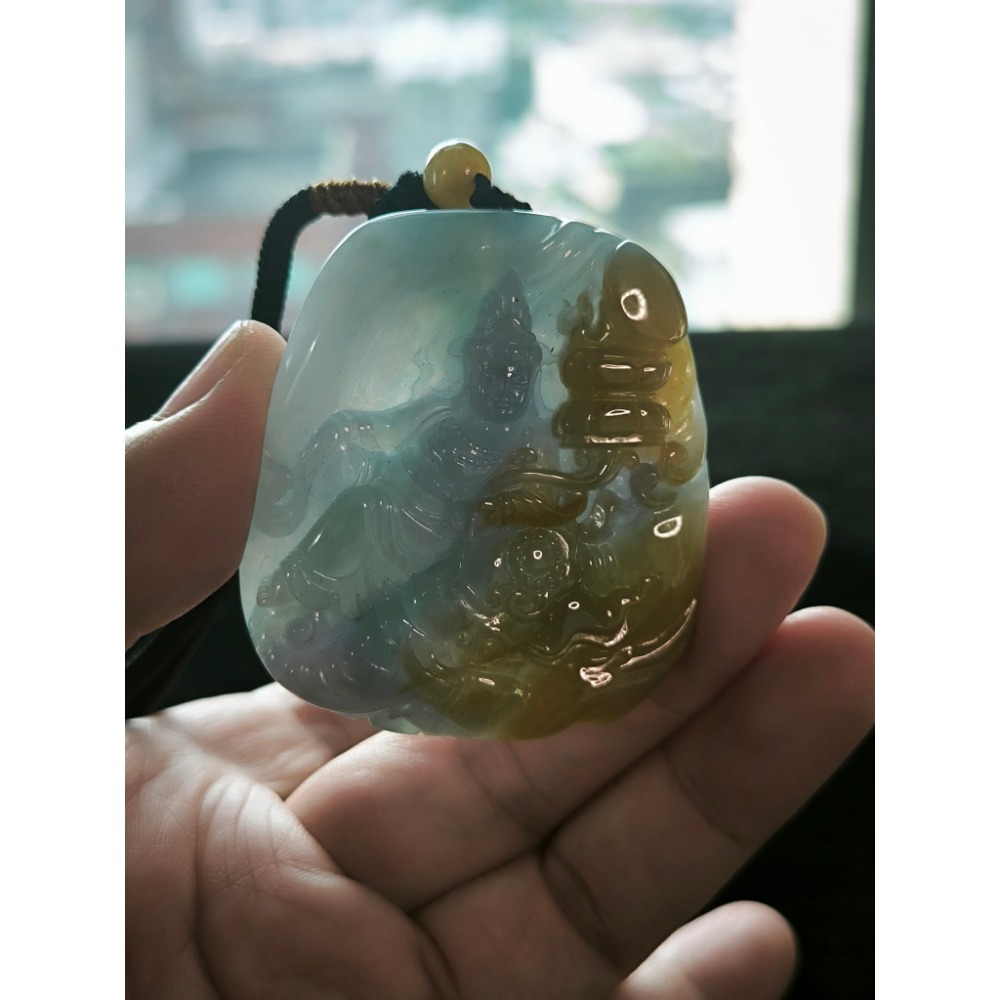 【書中自有顏如玉】天然緬甸A貨翡翠 糯冰 多彩雞油黃 濃紫  普賢菩薩 種老肉細 大件厚裝 厚件大裝 附大師證-細節圖6