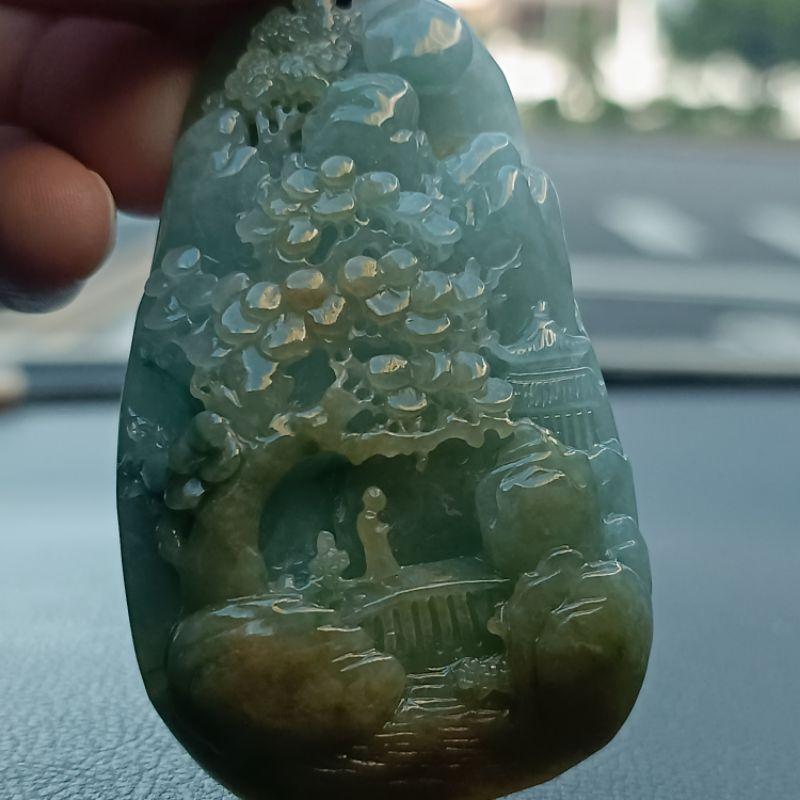 天然緬甸A貨翡翠 糯地三彩山水 大件厚莊 手工雕刻 種老肉細 附證書-細節圖2