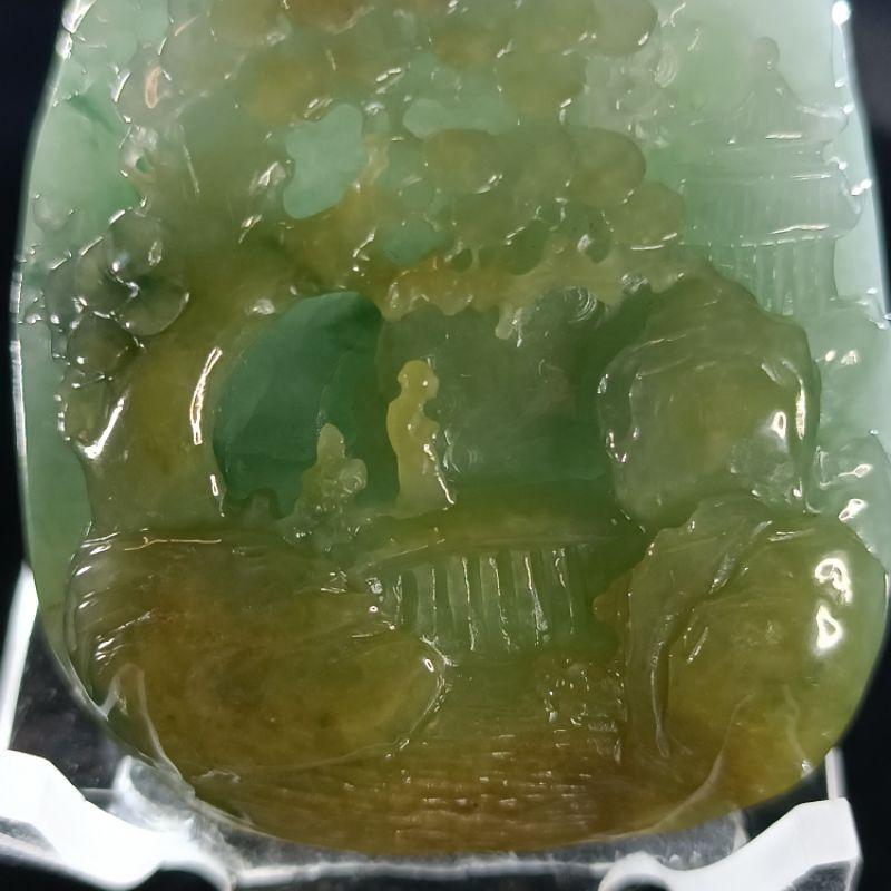 天然緬甸A貨翡翠 糯地三彩山水 大件厚莊 手工雕刻 種老肉細 附證書-細節圖3