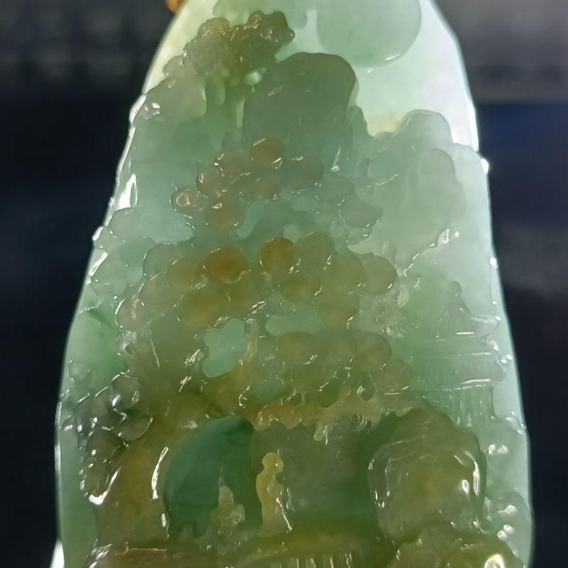 天然緬甸A貨翡翠 糯地三彩山水 大件厚莊 手工雕刻 種老肉細 附證書-細節圖4