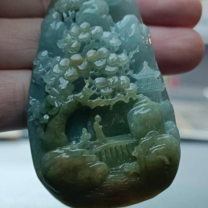 天然緬甸A貨翡翠 糯地三彩山水 大件厚莊 手工雕刻 種老肉細 附證書-細節圖5