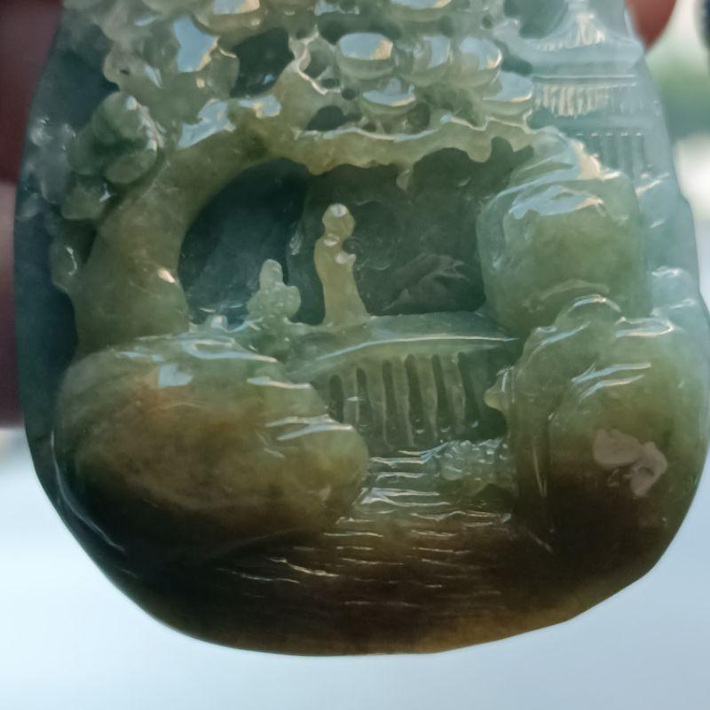 天然緬甸A貨翡翠 糯地三彩山水 大件厚莊 手工雕刻 種老肉細 附證書-細節圖7