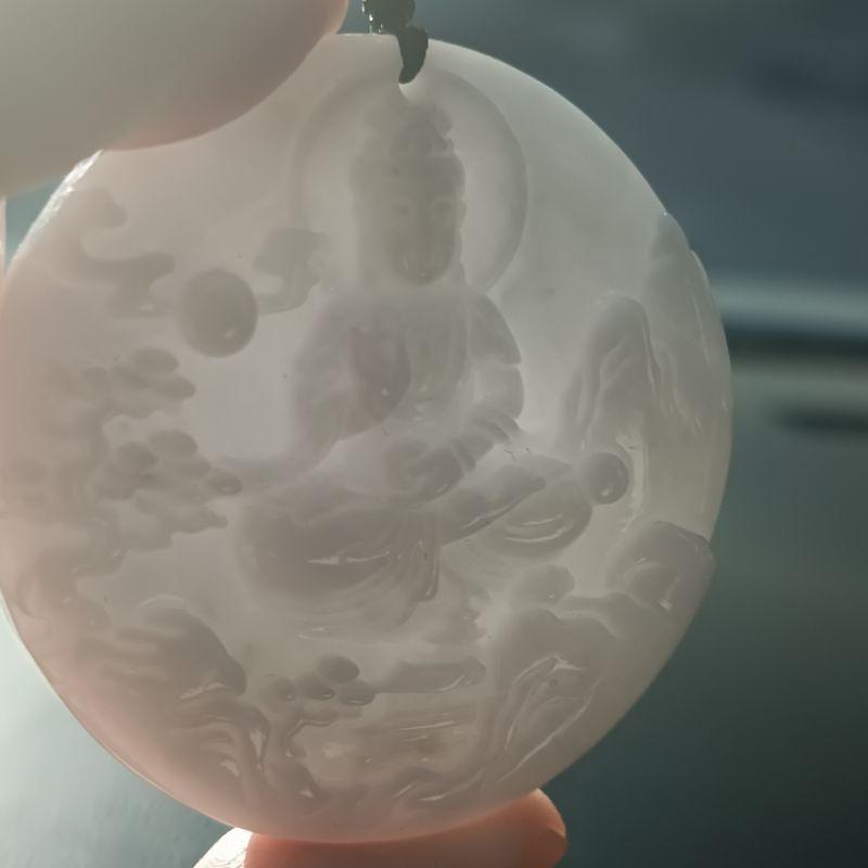 天然緬甸A貨翡翠 牛奶白自在觀音 山水觀音 雙面雕鐲心料 出清價 尺寸 52.7*11.3  附證書-細節圖3