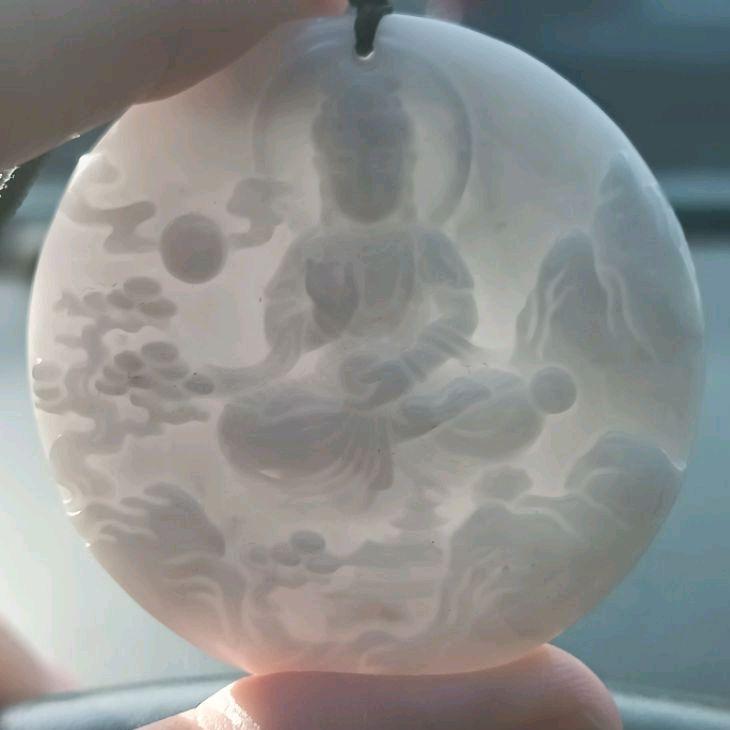 天然緬甸A貨翡翠 牛奶白自在觀音 山水觀音 雙面雕鐲心料 出清價 尺寸 52.7*11.3  附證書-細節圖4