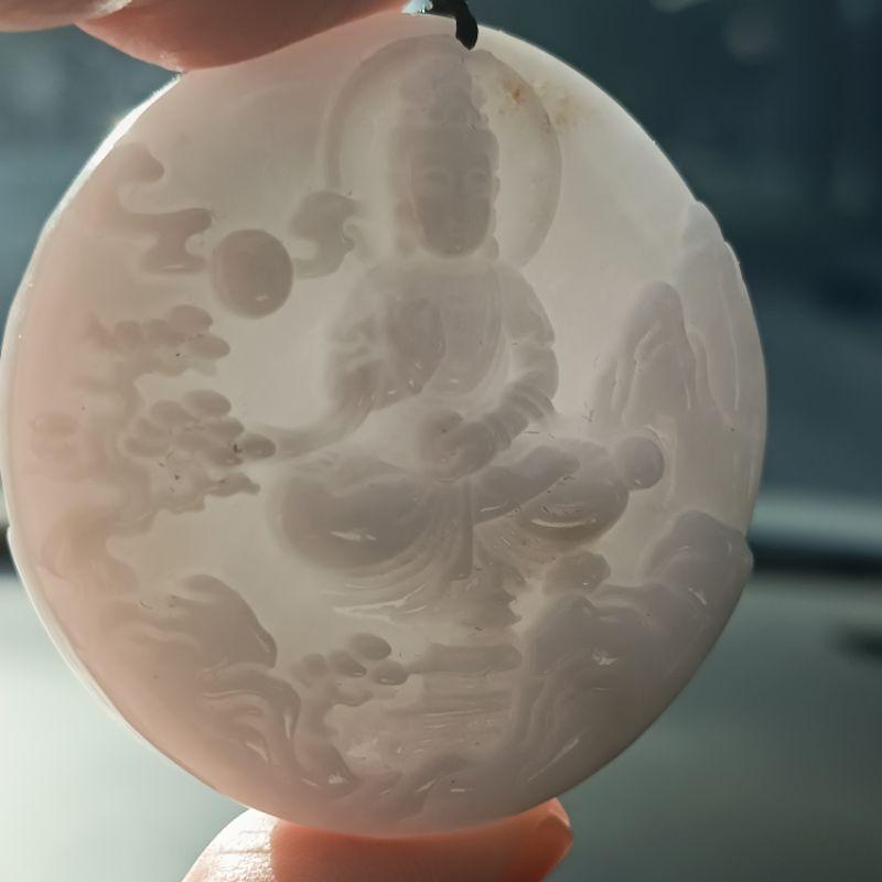 天然緬甸A貨翡翠 牛奶白自在觀音 山水觀音 雙面雕鐲心料 出清價 尺寸 52.7*11.3  附證書-細節圖5